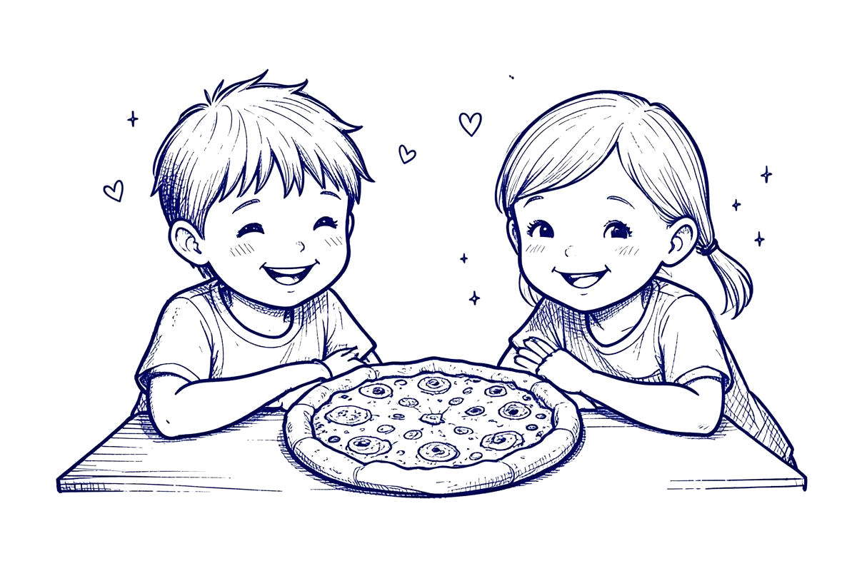 To glade børn ved et bord med en pizza